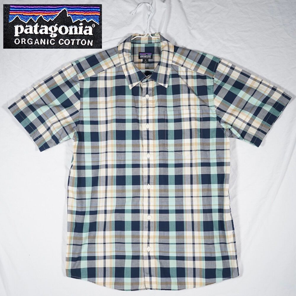 Patagonia Organic Cotton Plaid Button Up Shirt Blue Yellow Men's Medium